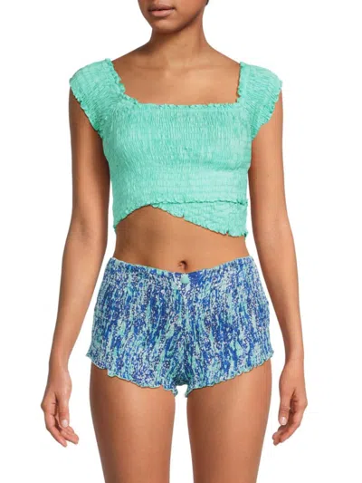 Poupette St Barth Women's Smocked Crop Top In Mint Blue