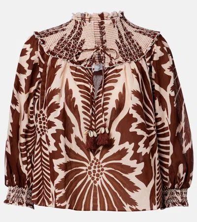 Poupette St Barth Ysee Printed Smocked Cotton Blouse In Brown