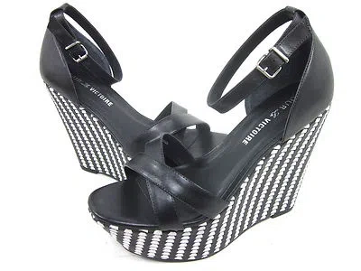 Pre-owned Pour La Victoire , Bonita Sandal Wedge, Womens, Black Us Size 9.5 M Eur 39.5,