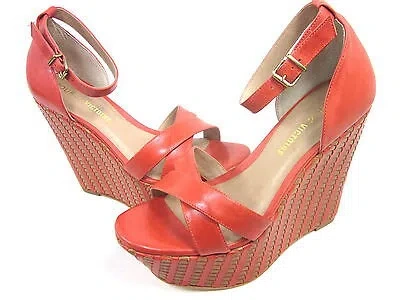 Pre-owned Pour La Victoire , Bonita Wedge Sandal, Womens, Red, Us Size 7.5 M, Eur 37.5,