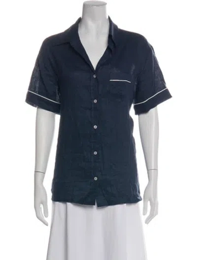 Pre-owned Pour Les Femmes Linen Short Sleeve Button-up Top In Blue