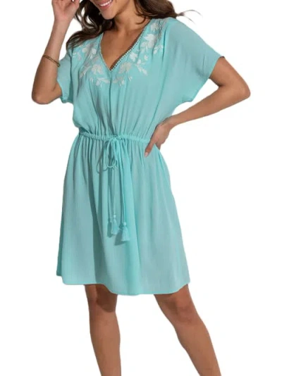 Pour Moi Crinkle Embroidered Kaftan Cover-up In Aqua