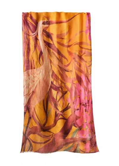 Powder Cotton Blend Linen Scarf In Oriental Crane In Multi