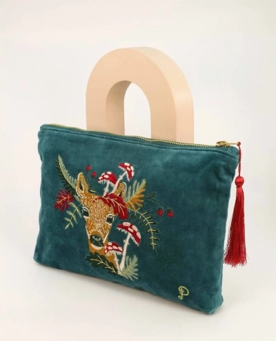 Powder Doe With Toadstools Velvet Zip Pouch In Teal In Blue
