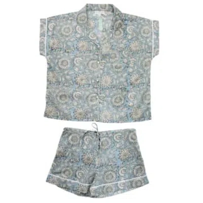 Powell Craft Block Printed Blue Cornflower Cotton Short Pyjama Set
