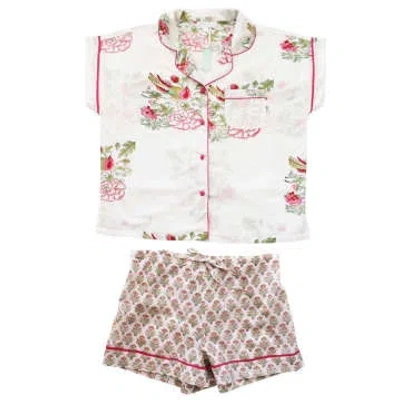 Powell Craft Block Printed Floral Bird Cotton Short Pyjama Set In Multi