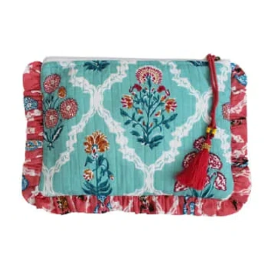 Powell Craft Block Printed Turquoise & Pink Floral Quilted Make Up Bag In Blue