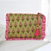 POWELL CRAFT GREEN QUILTED MAKE UP BAG WITH PINK RUFFLE TRIM