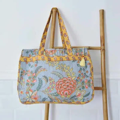 Powell Craft Grey, Coral And Mustard Quilted Tote Bag With Zip