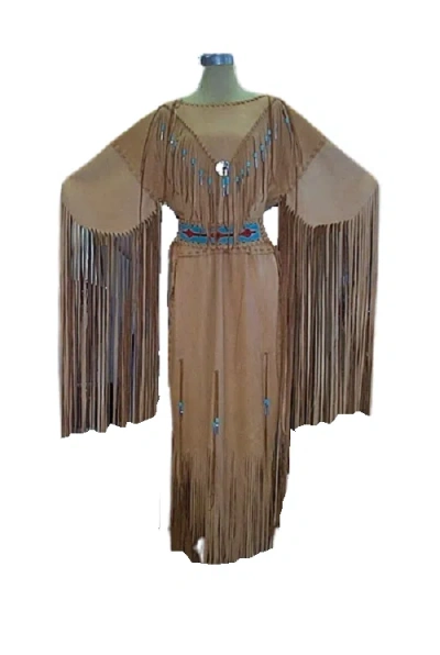 Pre-owned Powwow Regalia Women Beige Leather Long Fringes Wedding Dress Beaded Belt  Wd208