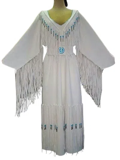 Pre-owned Powwow Regalia Womens White Leather Long Fringes Wedding Dress Beaded Belt  Wd278