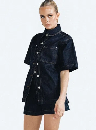 Pp Dnm Whitaker Short Sleeve Shacket In Dark Denim