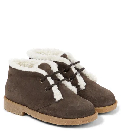 Pèpè Kids' Faux Shearling-lined Suede Ankle Boots In Brown