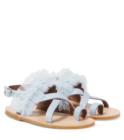 Pèpè Kids' Tulle-trimmed Leather Snadals In Blau