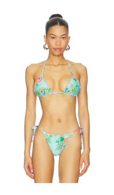 Pq Embroidered Lettuce Edge Triangle Bikini Top In Blue