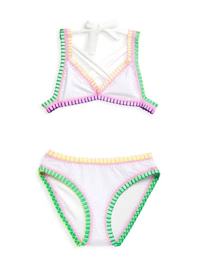 Pq Little Girl's & Girl's Rainbow Embroidered Bikini Set In Water Lily