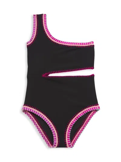 Pq Little Girl's & Girl's Rainbow Embroidered Cut-out One-piece Swimsuit In Black Pier