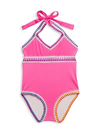 Pq Little Girl's & Girl's Rainbow Embroidered One-piece Swimsuit In Hot Pink