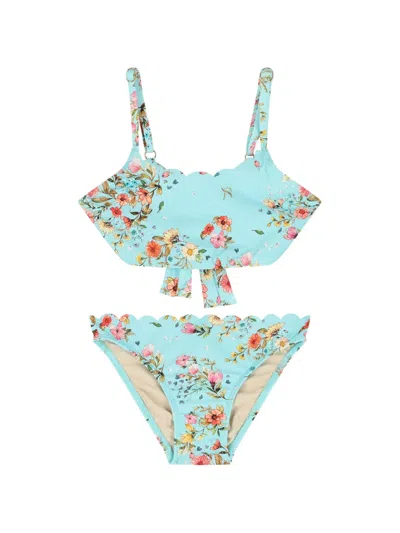 Pq Swim Kids' Floral-print Scalloped-trim Two-piece Bikini In Blue