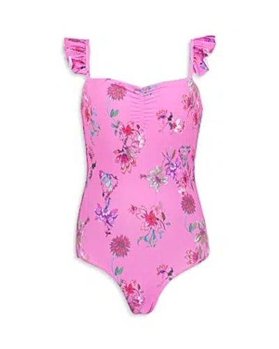 Pq Swim Girls' Floral Print Ruffle Shoulder One Piece Swimsuit - Little Kid In Garden Pink