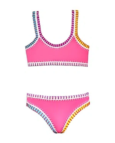Pq Swim Girls' Rainbow Embroidered Two Piece Swimsuit - Little Kid, Big Kid In Hot Pink