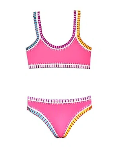 Pq Swim Girls' Sporty Rainbow Embroidered Two Piece Swimsuit - Little Kid, Big Kid In Hot Pink