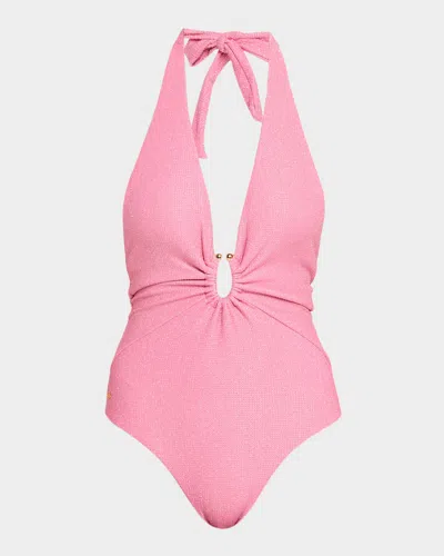 Pq Swim Glitter Plunge Detail One-piece Swimsuit In Pink