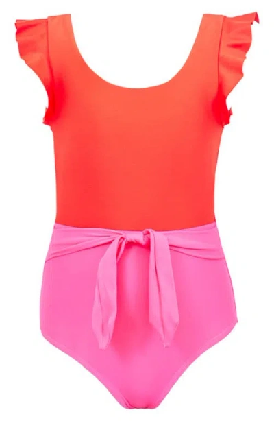 Pq Swim Kids' Belted Colorblock One-piece Swimsuit In Pink
