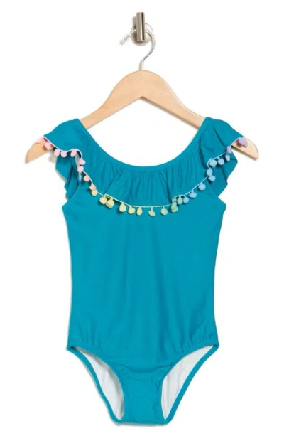 Pq Swim Kids' Pompom Bow One-piece Swimsuit In Sea Shine