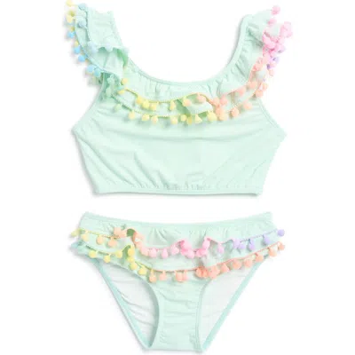 Pq Swim Kids' Pompom Ruffled Two-piece Swimsuit In Green