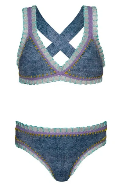 Pq Swim Kids' Rainbow Embroidered Two-piece Swimsuit In Blue