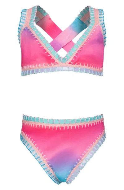 Pq Swim Kids' Rainbow Embroidered Two-piece Swimsuit In Pink