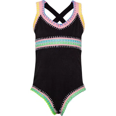 Pq Swim Kids' Sadie Rainbow Embroidered One-piece Swimsuit In Black