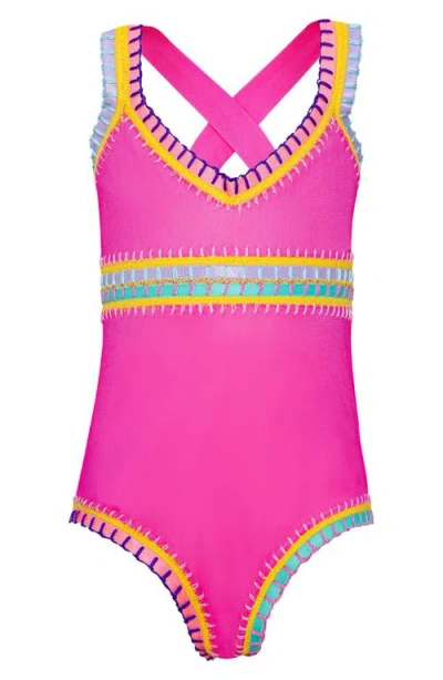 Pq Swim Kids' Sadie Rainbow Embroidered One-piece Swimsuit In Pink