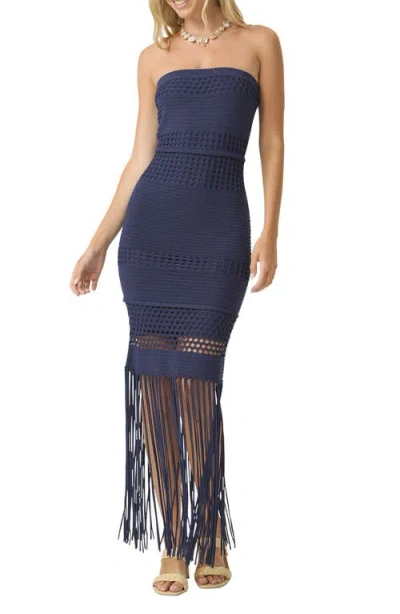 Pq Swim Melissa Stitch Fringe Strapless Cover-up Maxi Dress In Blue