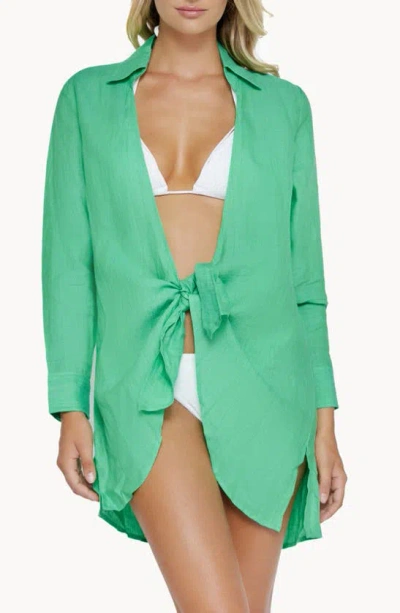 Pq Swim Millie Tie Linen Cover-up Tunic Shirt In Matcha