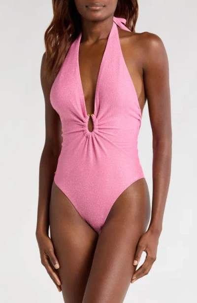 Pq Swim Plunge Detail Halter One-piece Swimsuit In Pink Multi