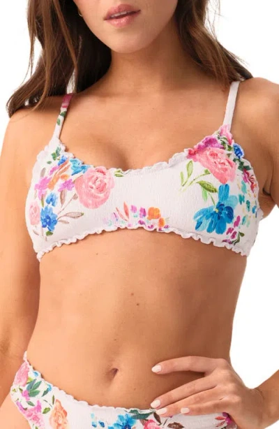 Pq Swim Smocked Lettuce Edge Bralette Bikini Top In Multi