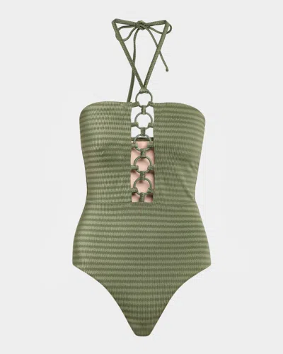 Pq Swim Striped Ring Link One-piece Swimsuit In Green