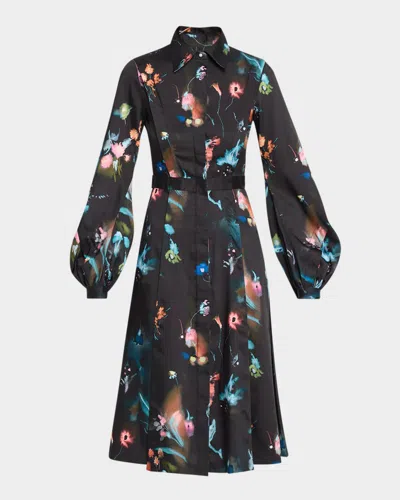Prabal Gurung Balloon Long-sleeve Floral-print Midi Dress In Black