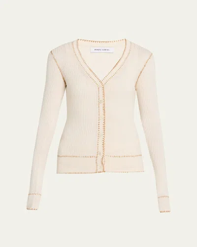 Prabal Gurung Blanket Stitched Silk-cashmere Rib V-neck Cardigan In White