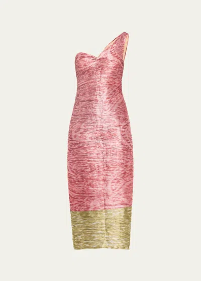 Prabal Gurung Colorblock Printed Draped One-shoulder Crinkle Midi Dress In Pink