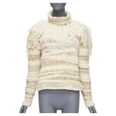 Pre-owned Prabal Gurung Cream Gold Wool Silk Blend Ethnic Fringe Crochet Sweater Xs In White