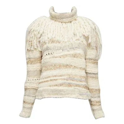 Pre-owned Prabal Gurung Cream Gold Wool Silk Blend Ethnic Fringe Crochet Sweater Xs In White