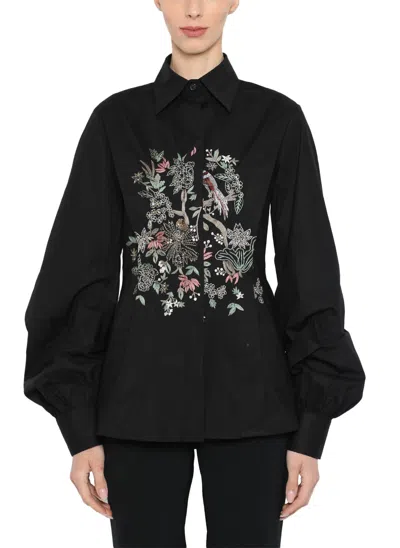 Prabal Gurung Embroidered Peplum Back Waisted Blouse In Black Multi