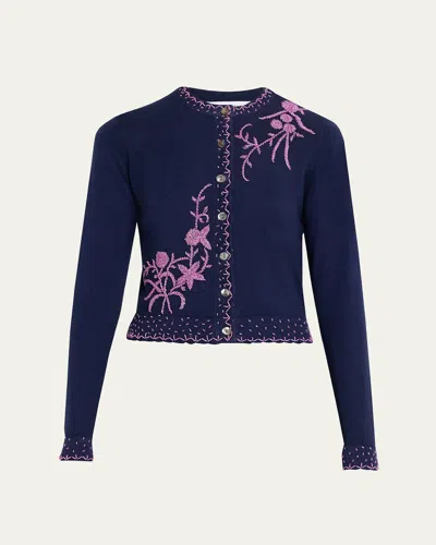 Prabal Gurung Embroidered Silk-cashmere Crewneck Cardigan In Blue