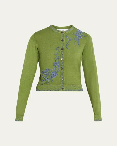 Prabal Gurung Embroidered Silk-cashmere Crewneck Cardigan In Green