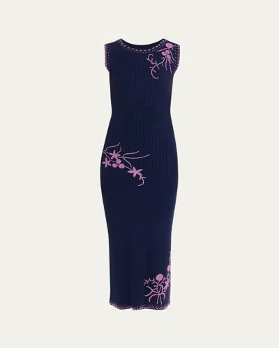Prabal Gurung Floral Bead Embroidered Rib Knit Midi Dress In Blue