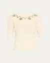Prabal Gurung Floral Embroidered Elbow-sleeve Rib Sweater In White Clear Crystal