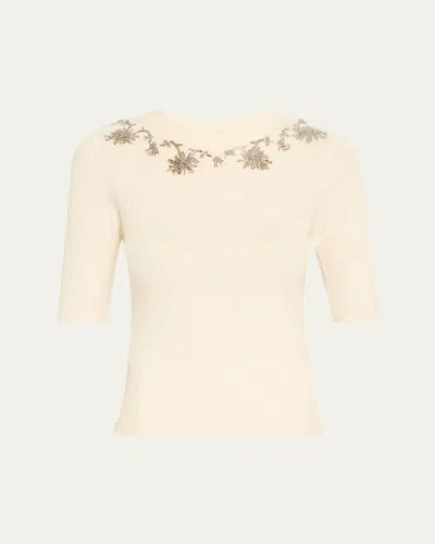 Prabal Gurung Floral Embroidered Elbow-sleeve Rib Sweater In White Clear Crystal